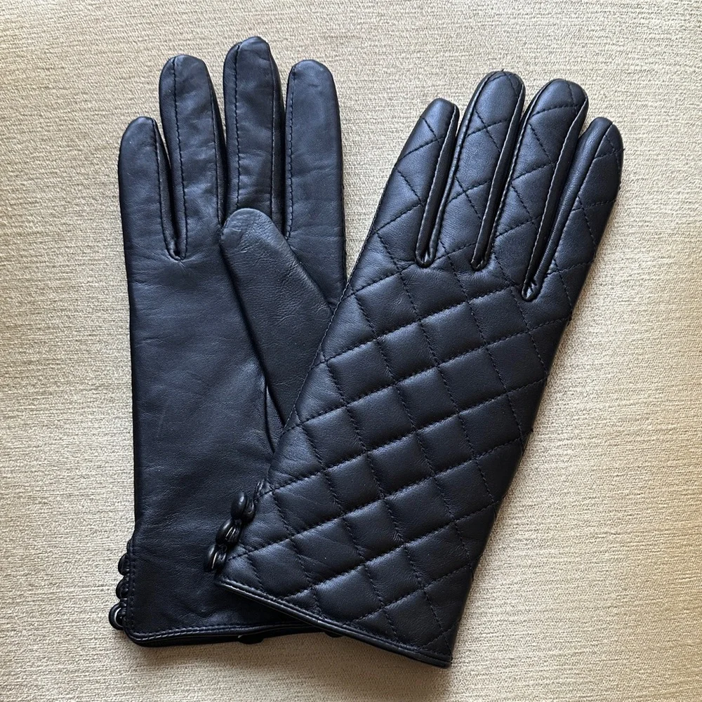 Dennis Basso Black Quilted Leather Gloves with Buttons Women's Size S